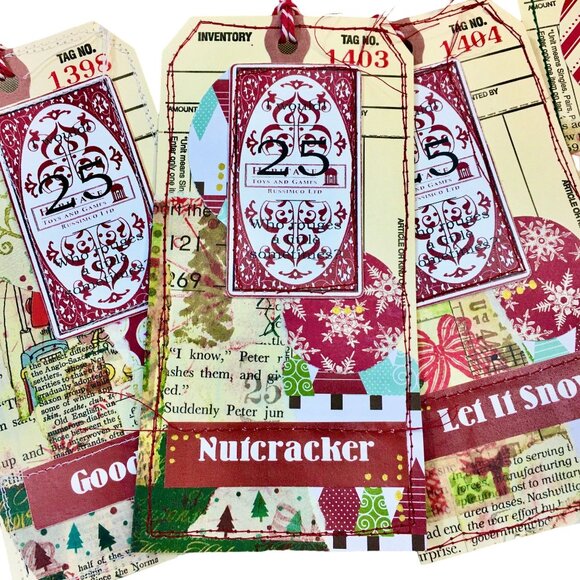 Christmas Junk Journal Tag Ephemera Lot 10 mq Handmade Sewn Scrapbook Embellishm - Picture 7 of 10